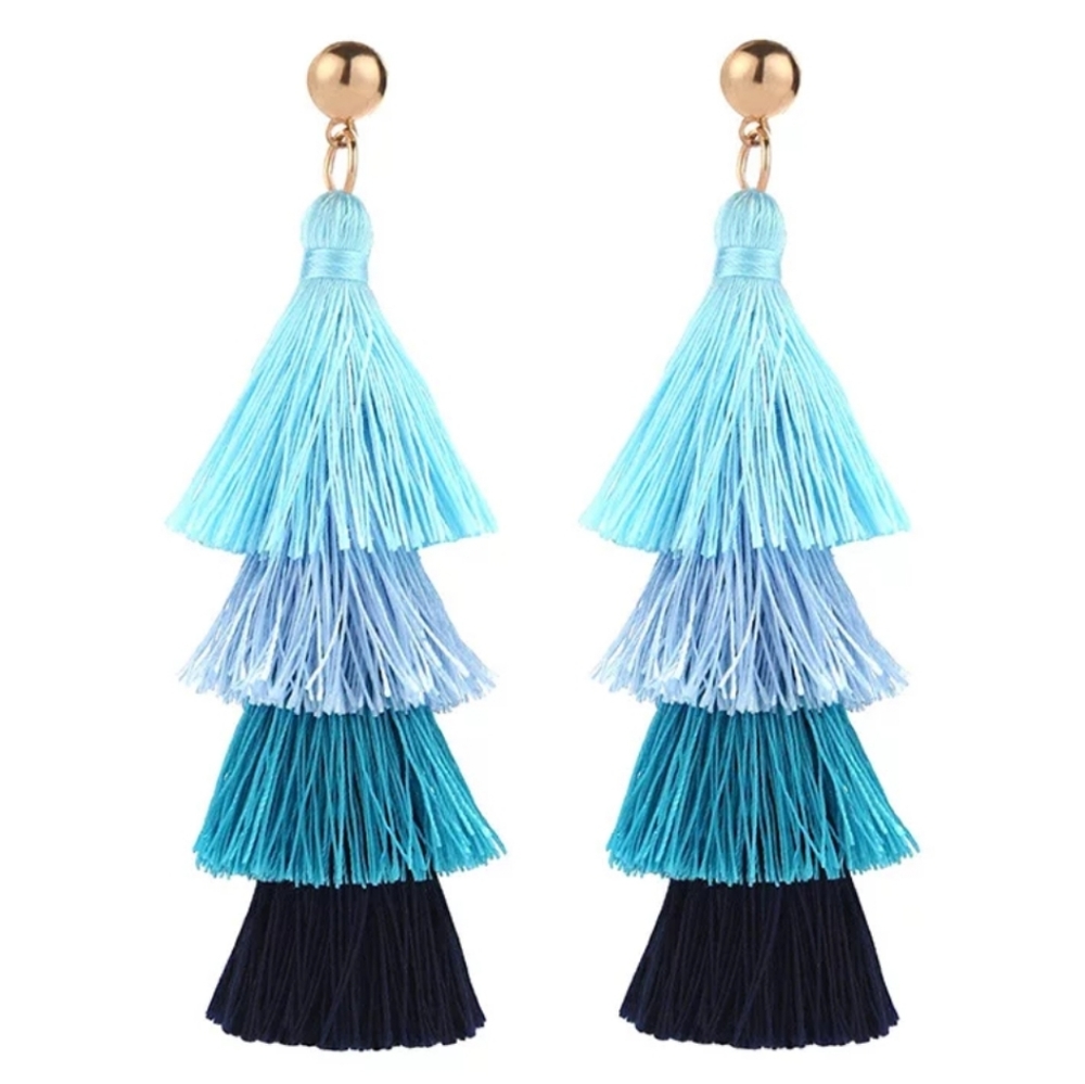 Tiered Tassel Blue Earrings - Picture 3 of 4